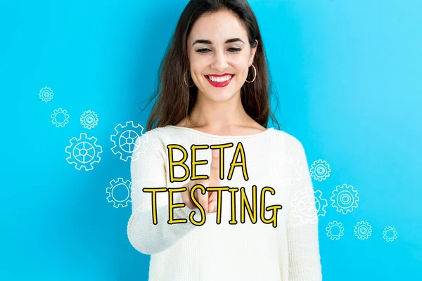 Beta Testing testo con donna — Foto Stock