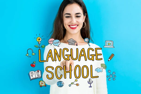 Texto de la escuela de idiomas con mujer — Foto de Stock