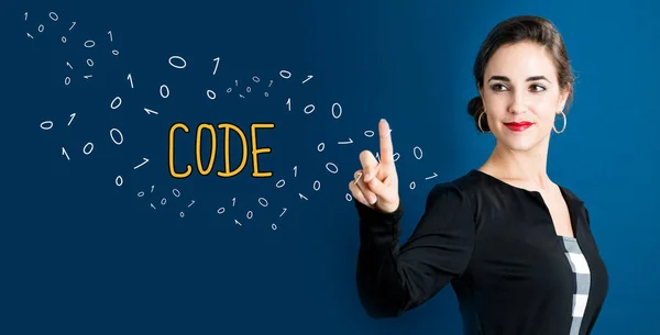 Codetext mit Geschäftsfrau — Stockfoto