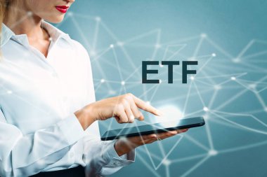 ETF text with business woman clipart
