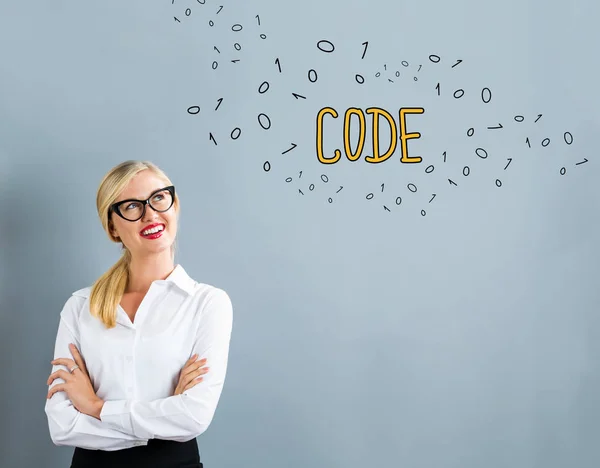 Texte de code avec femme d'affaires — Photo