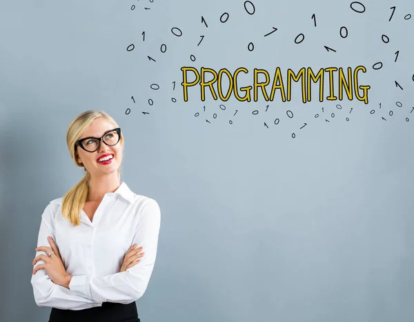 Programming text with business woman — Stock Photo, Image