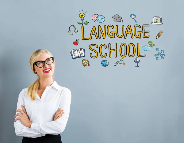 Språk skola text affärskvinna — Stockfoto