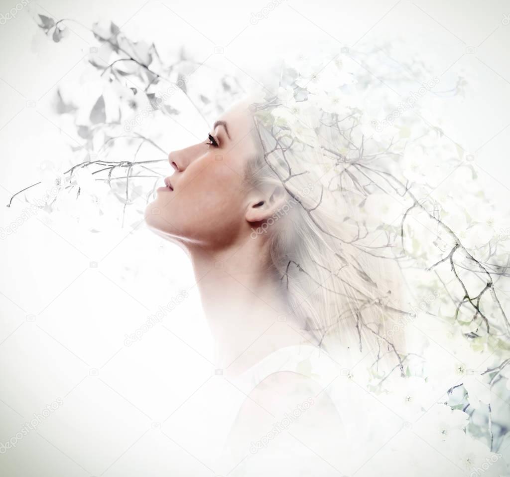 young woman and dogwood flowers