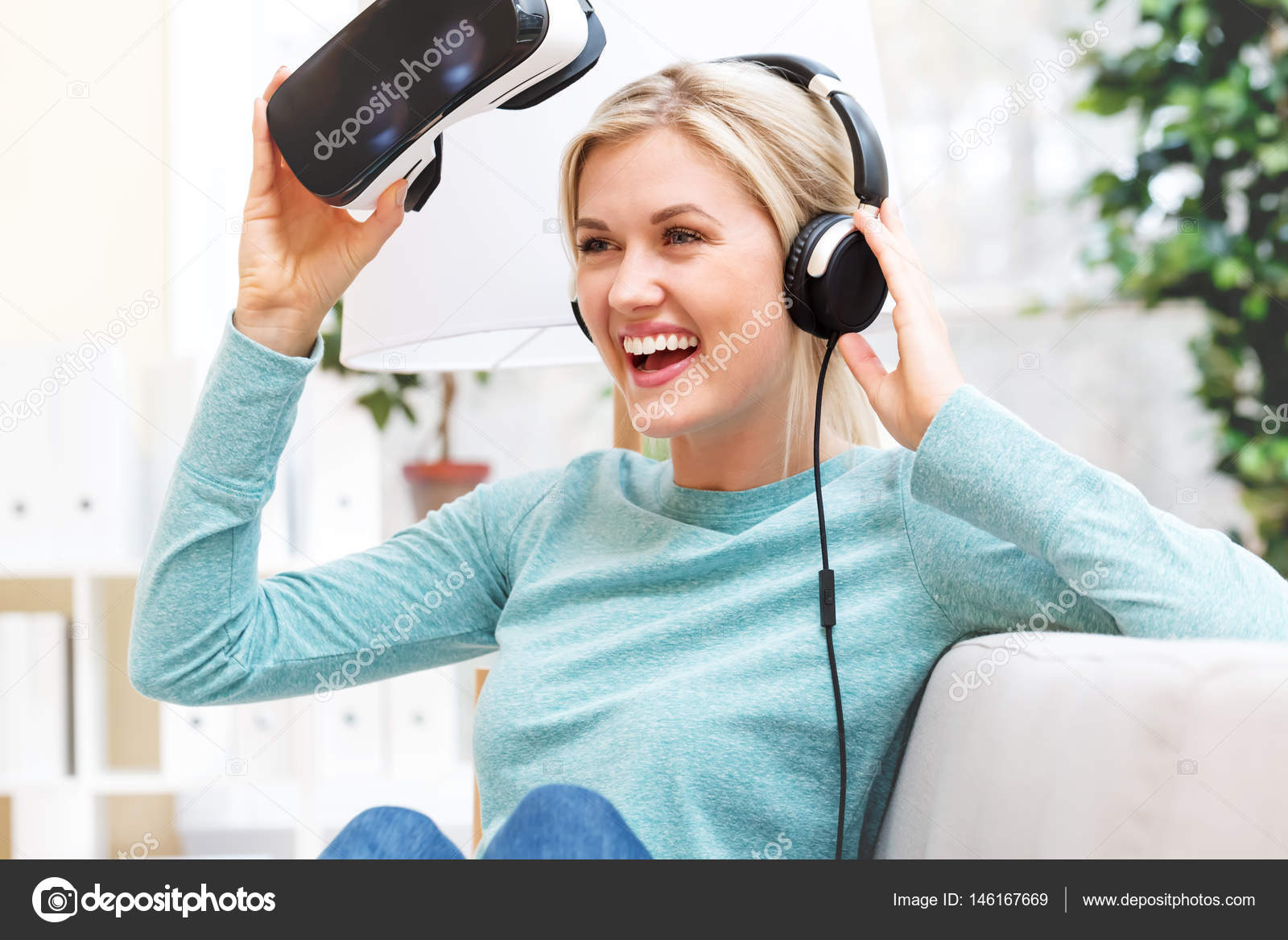 Young Woman Wearing Virtual Reality Headset Profile Stock 