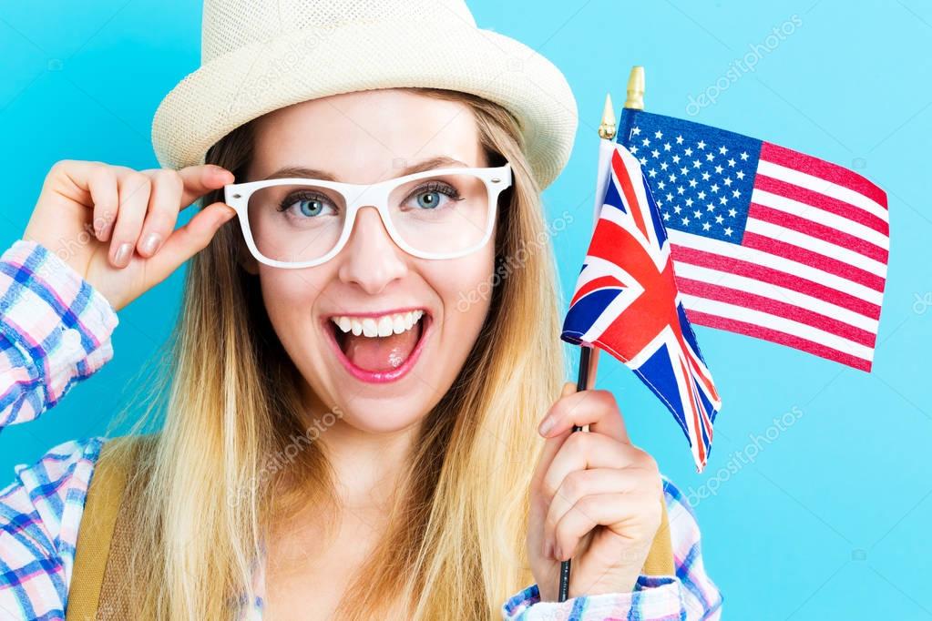 Woman with flags of English speaking countries