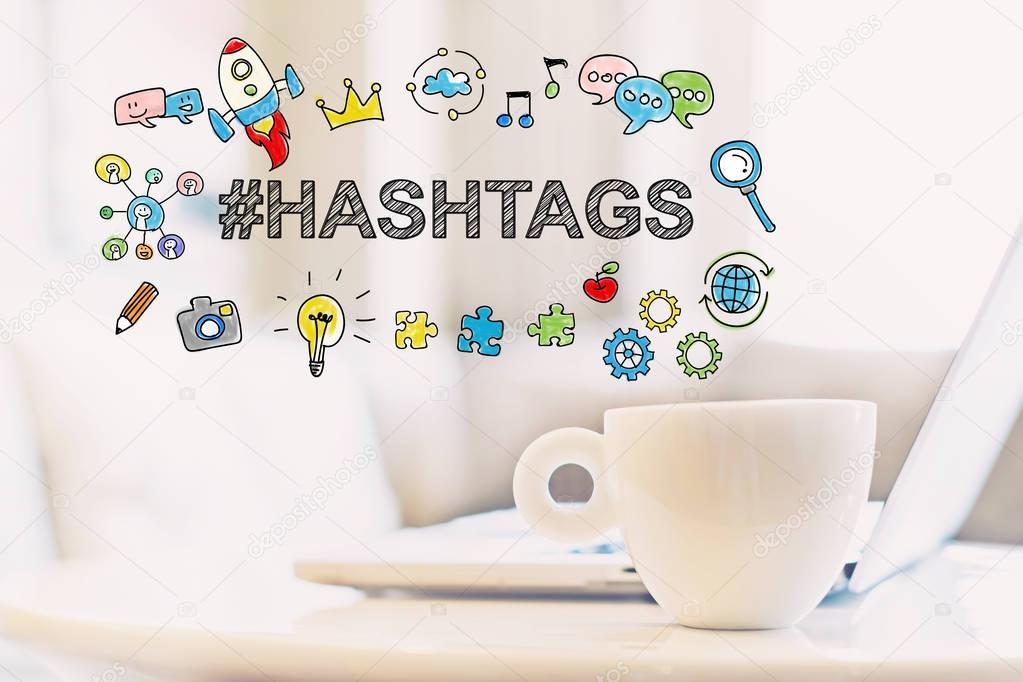 Hashtags concept with cup of coffee