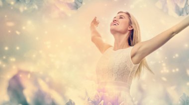 pembe Şakayık çiçeği fantezi güzel kadın