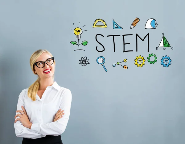 STEM texto com mulher de negócios — Fotografia de Stock