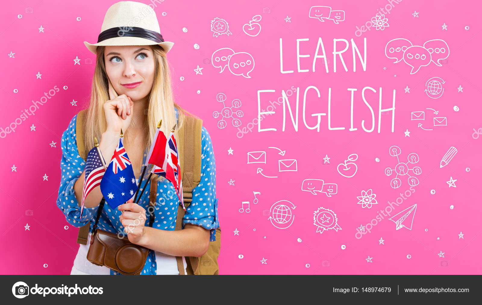 Aprender texto en inglés con mujer joven con banderas fotografía de