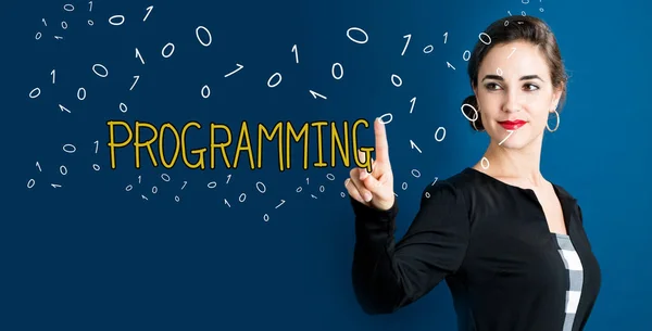 Testo di programmazione con donna d'affari — Foto Stock