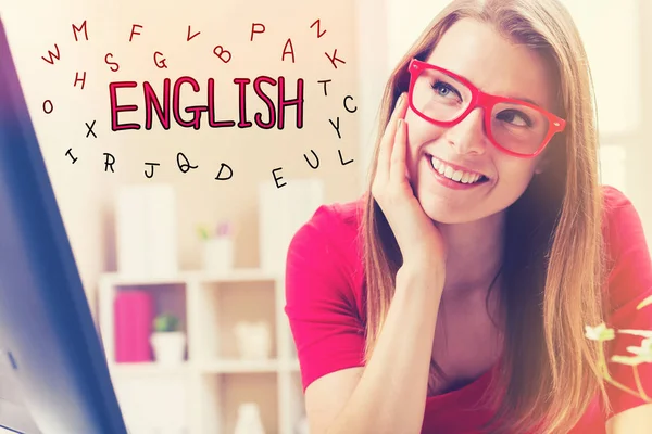 Texto en inglés con mujer joven — Foto de Stock