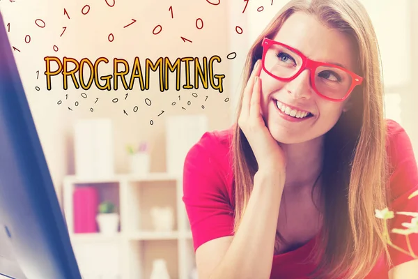 Programming text with young woman — Stock Photo, Image