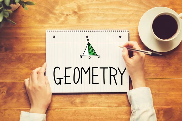 Geometria szöveg-val egy személy, aki egy toll — Stock Fotó