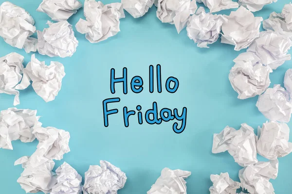 Hello Friday text with crumpled paper balls — Stock Photo, Image