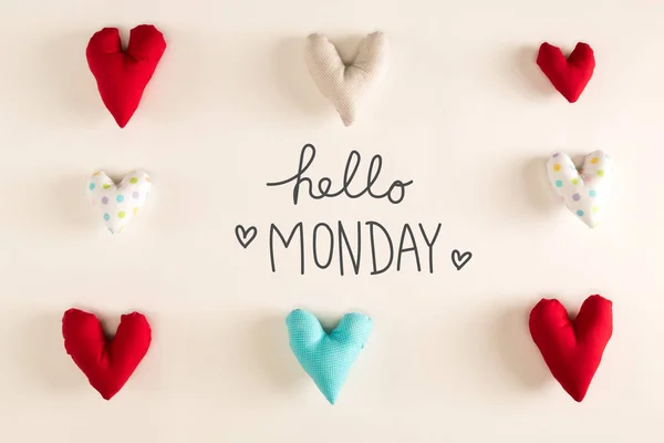 Hello Monday message with blue heart cushions — Stock Photo, Image