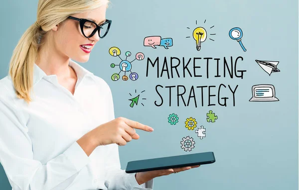 Marketing Estratégia de texto com mulher de negócios — Fotografia de Stock