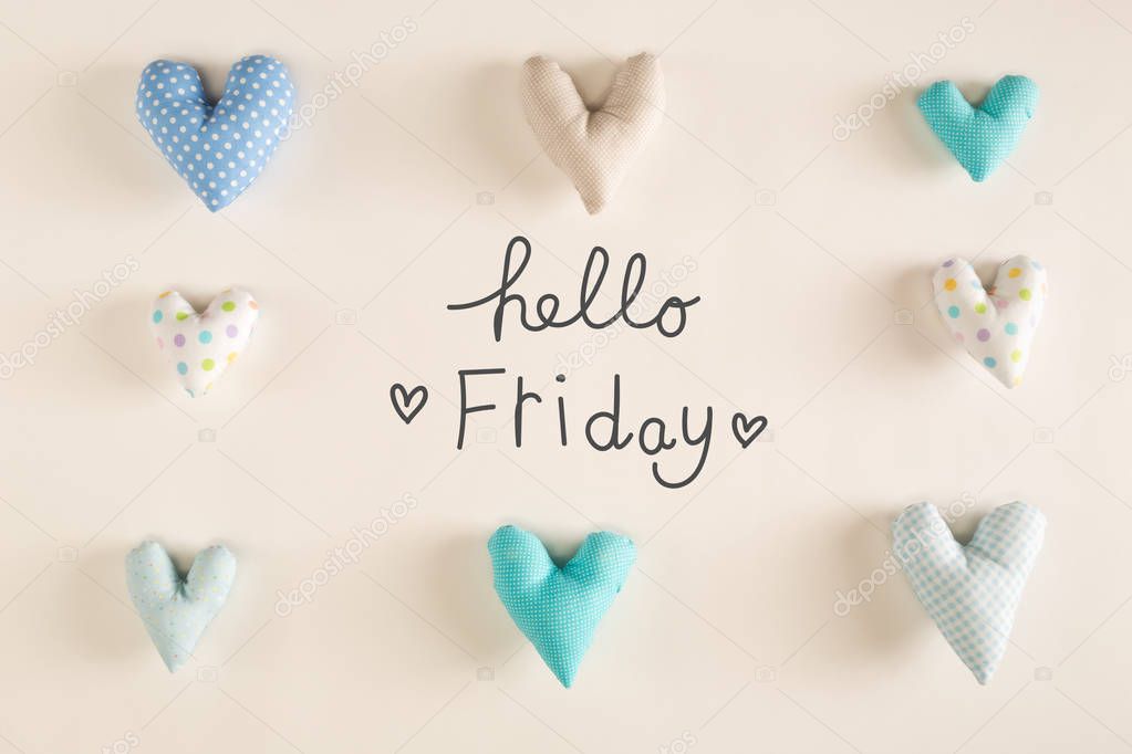 Hello Friday message with blue heart cushions