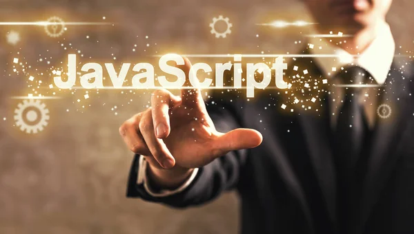 Java Script texto com homem de negócios — Fotografia de Stock