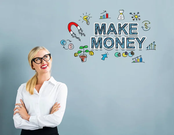 Make Money tekst z kobietą biznesu — Zdjęcie stockowe