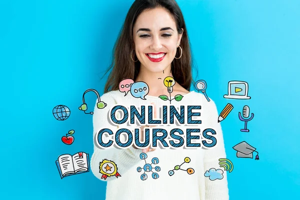 Online kursy tekst z młodą kobietę — Zdjęcie stockowe
