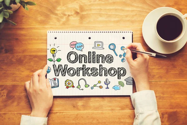 Online Workshop text med en person som innehar en penna — Stockfoto