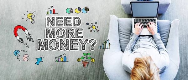 Need More Money text with man using a laptop — Stock Photo, Image