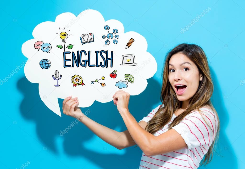 English text with young woman holding a speech bubble
