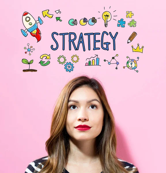 Strategietext mit junger Frau — Stockfoto