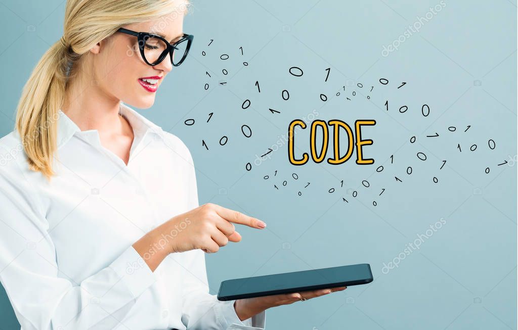 Code text with business woman