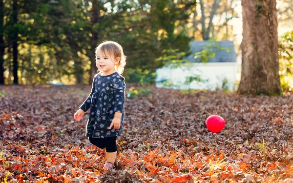 Yürümeye başlayan çocuk kız yapraklarında oynamaktan — Stok fotoğraf