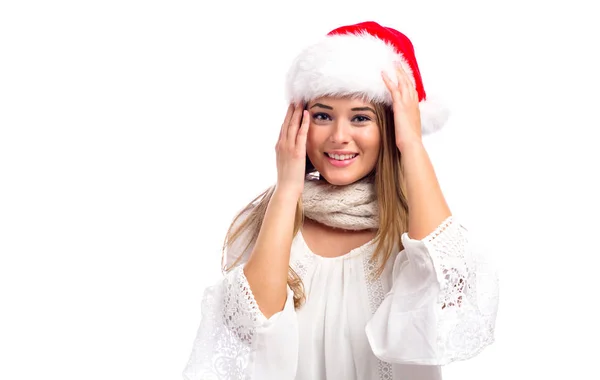 Giovane donna felice con cappello di Babbo Natale — Foto Stock