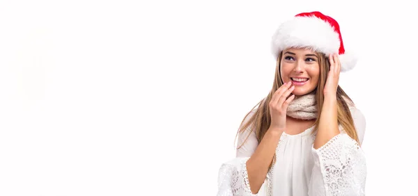 Giovane donna felice con cappello di Babbo Natale — Foto Stock