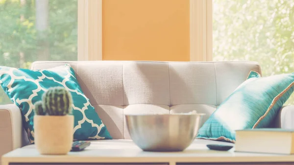 Living room with big bowl of popcorn — Stock Photo, Image