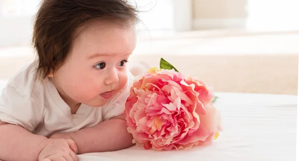 ピンクの花と幸せな赤ちゃん男の子 — ストック写真