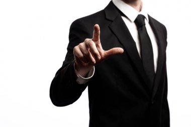 Beyaz bir arka plan üzerinde onun parmak işaret işadamı