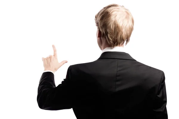 Бизнесмен показывает пальцем на белом фоне — стоковое фото