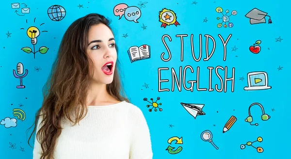Estude o tema inglês com a jovem — Fotografia de Stock