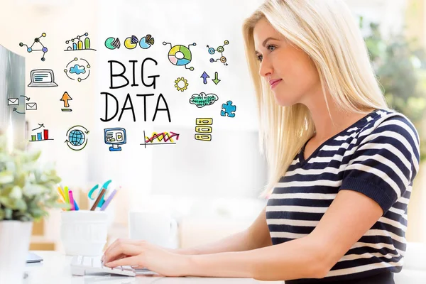 Big Data con giovane donna felice davanti al computer — Foto Stock