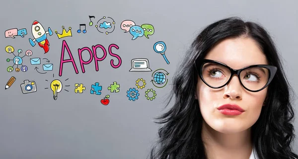 Apps with young businesswoman — Stock Photo, Image