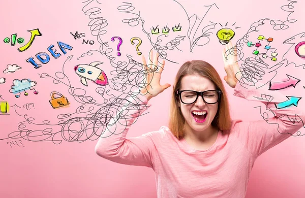 Vele gedachten met vrouw gespannen gevoel — Stockfoto