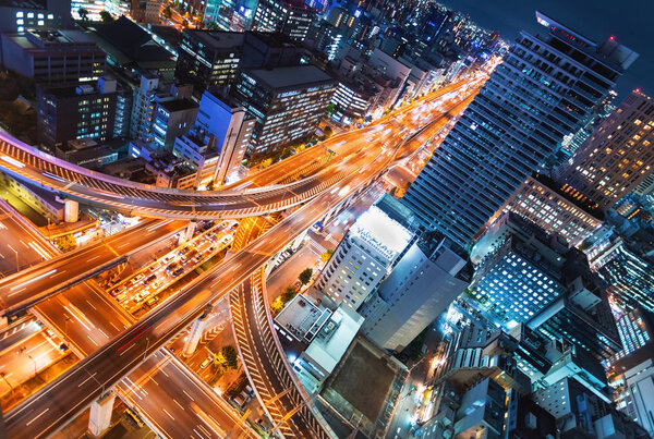 Aerial view of a highway intersection in Osaka, Japan