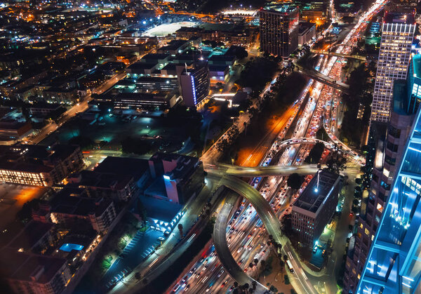 Aerial view of the massive highway infrastructure in Downtown Los Angeles, CA