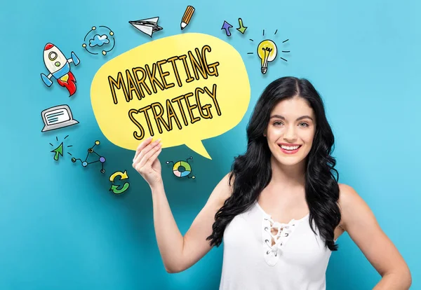Marketing Strategy with woman holding a speech bubble — Stock Photo, Image