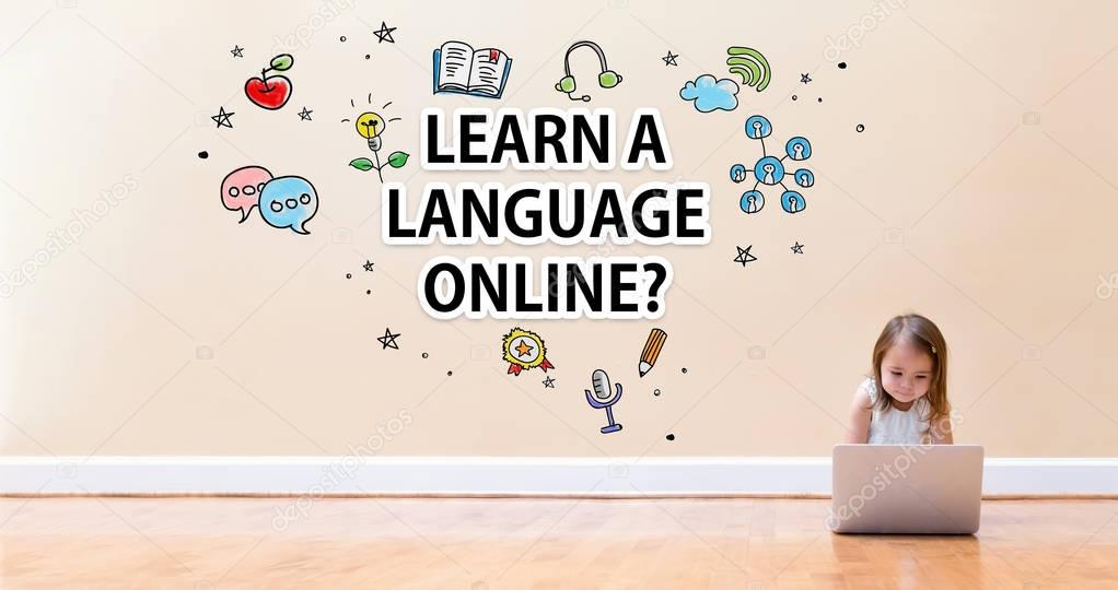 Learn a Language Online text with little girl using a laptop computer