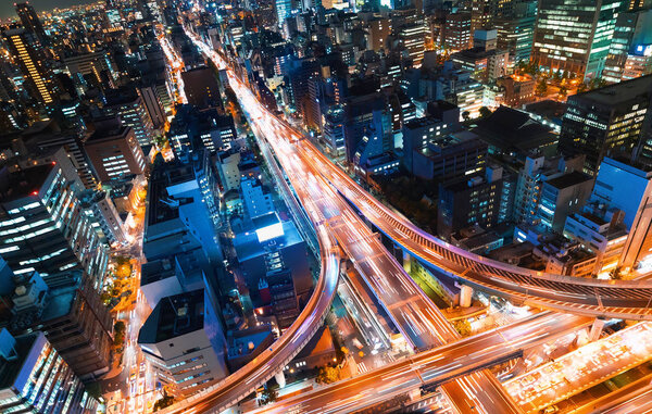 Aerial view of a highway intersection in Osaka, Japan