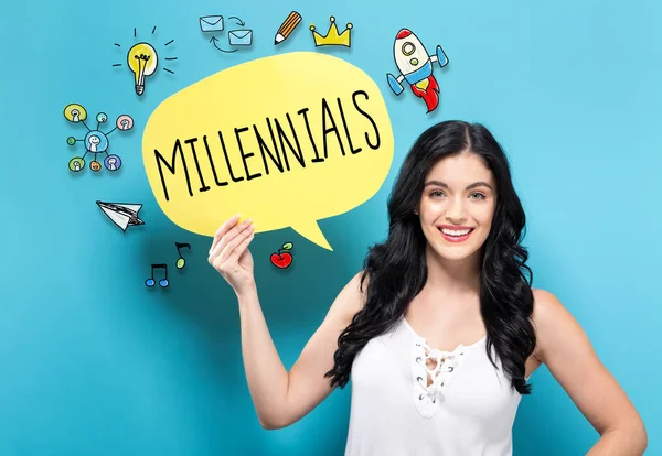 Millennials con mujer sosteniendo una burbuja del discurso — Foto de Stock