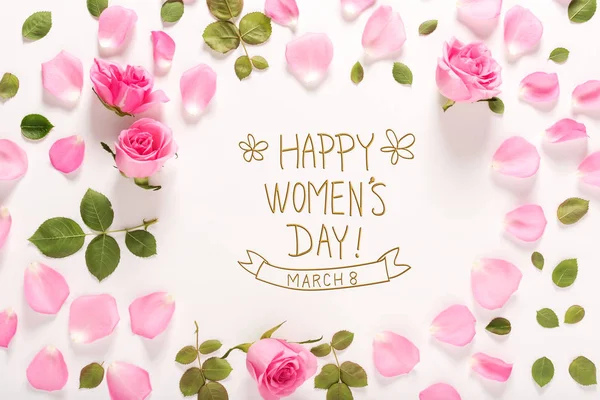 Happy Womens Day message with roses and leaves — Stock Photo, Image