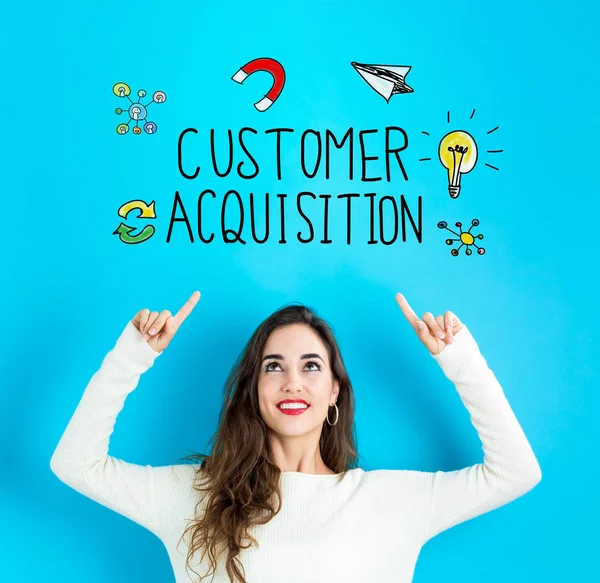 Customer Acquisition with young woman looking upwards — Stock Photo, Image