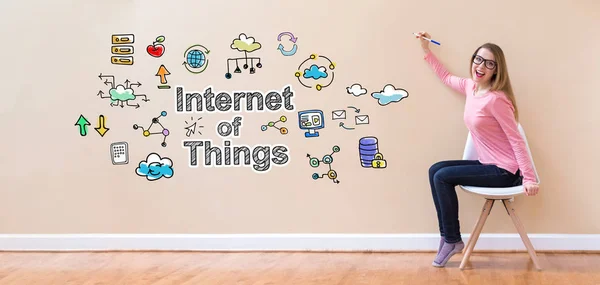 Internet of Things with young woman holding a pen — Stock Photo, Image